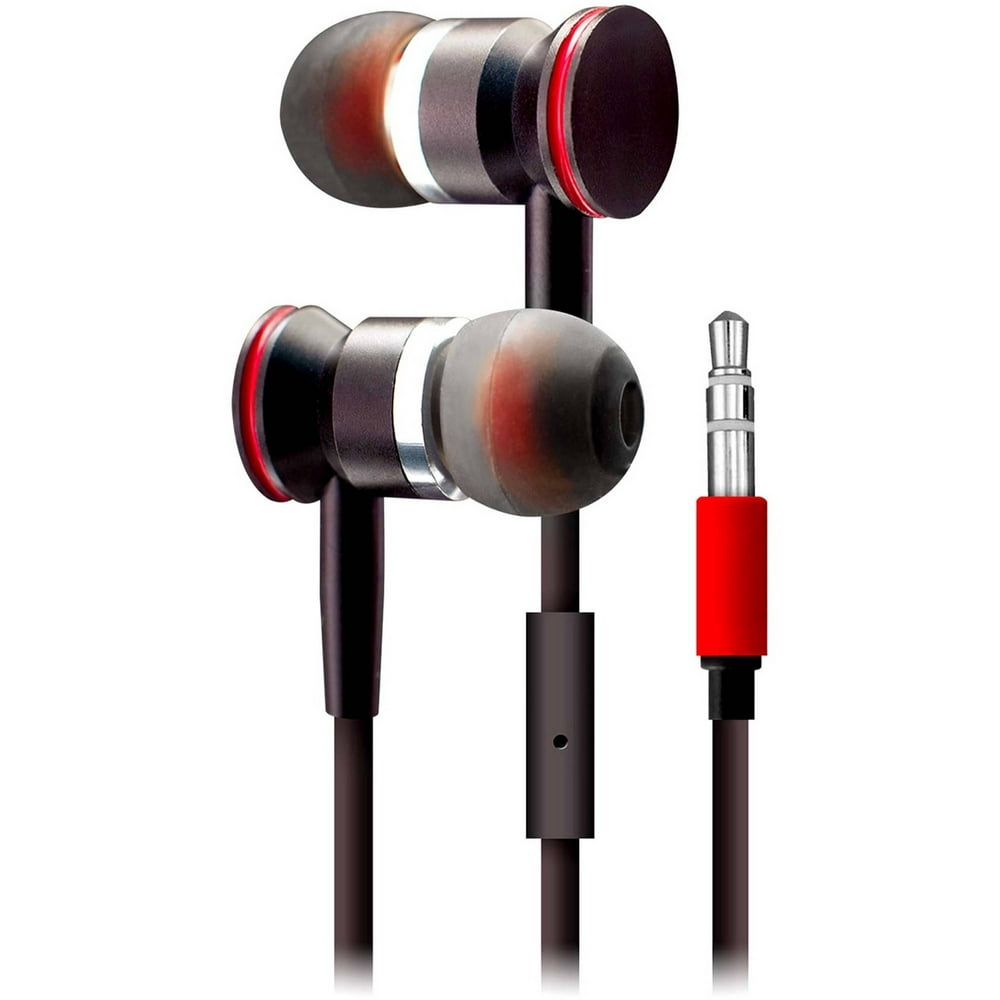 Sentry HA100 Deluxe Stereo Earbuds with Mic and Case, Black/Red