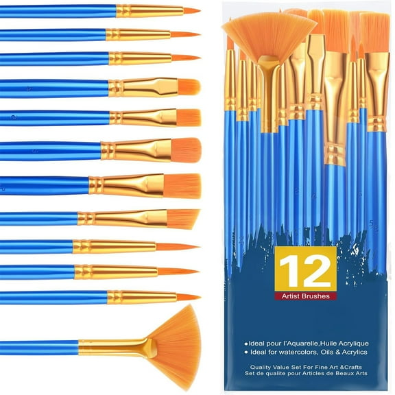 Paint Brushes Set - 1pack/12pcs Nylon Hair Round-Pointed Tip Acrylic Paint Brushes for Watercolor Oil Rock Face Painting,12 Sizes Paint Brush for All Purposes Kids Adult Arts Painting Brush Kits