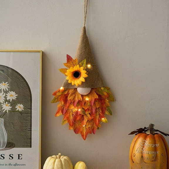 2Pcs Fall Gnomes Maples Leaf Wreath w/ LED light for Front Door Autumn Gnome Hanging with Pointed Hat Rustic Home Decoration for Fall Harvest Thanksgiving Halloween Farmhouse Outside Porch Door Wall