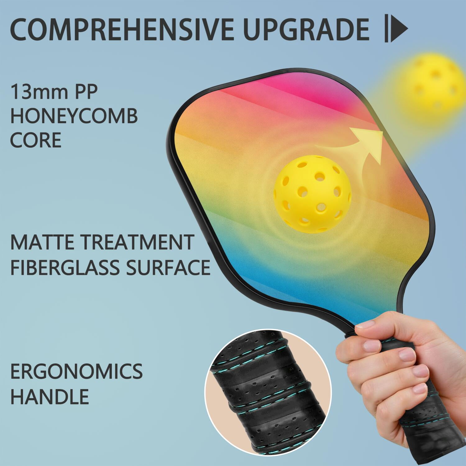 Pickleball Paddles Set Of 2, Fiberglass Surface, Vibrant Rainbow Print, 4 Balls & Bag