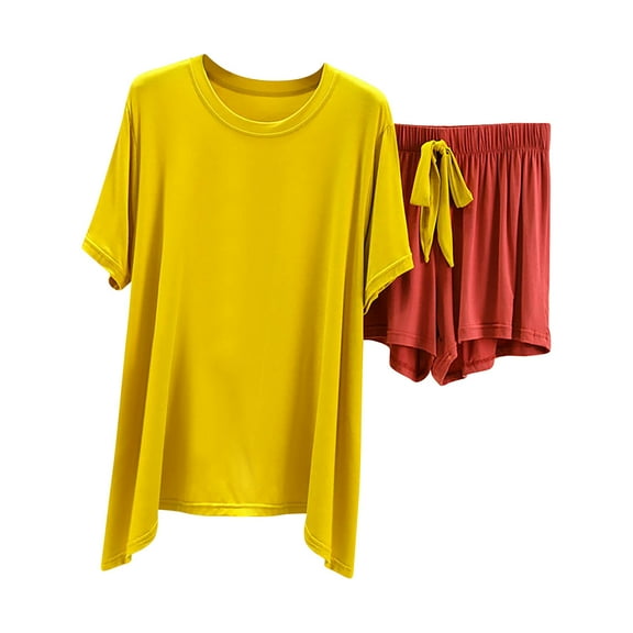 XuJwPNcy Two Piece Pajama Sets for Women Soft Comfy Round Neck Short Sleeve Top and Shorts Set Pj Loungewear Sets