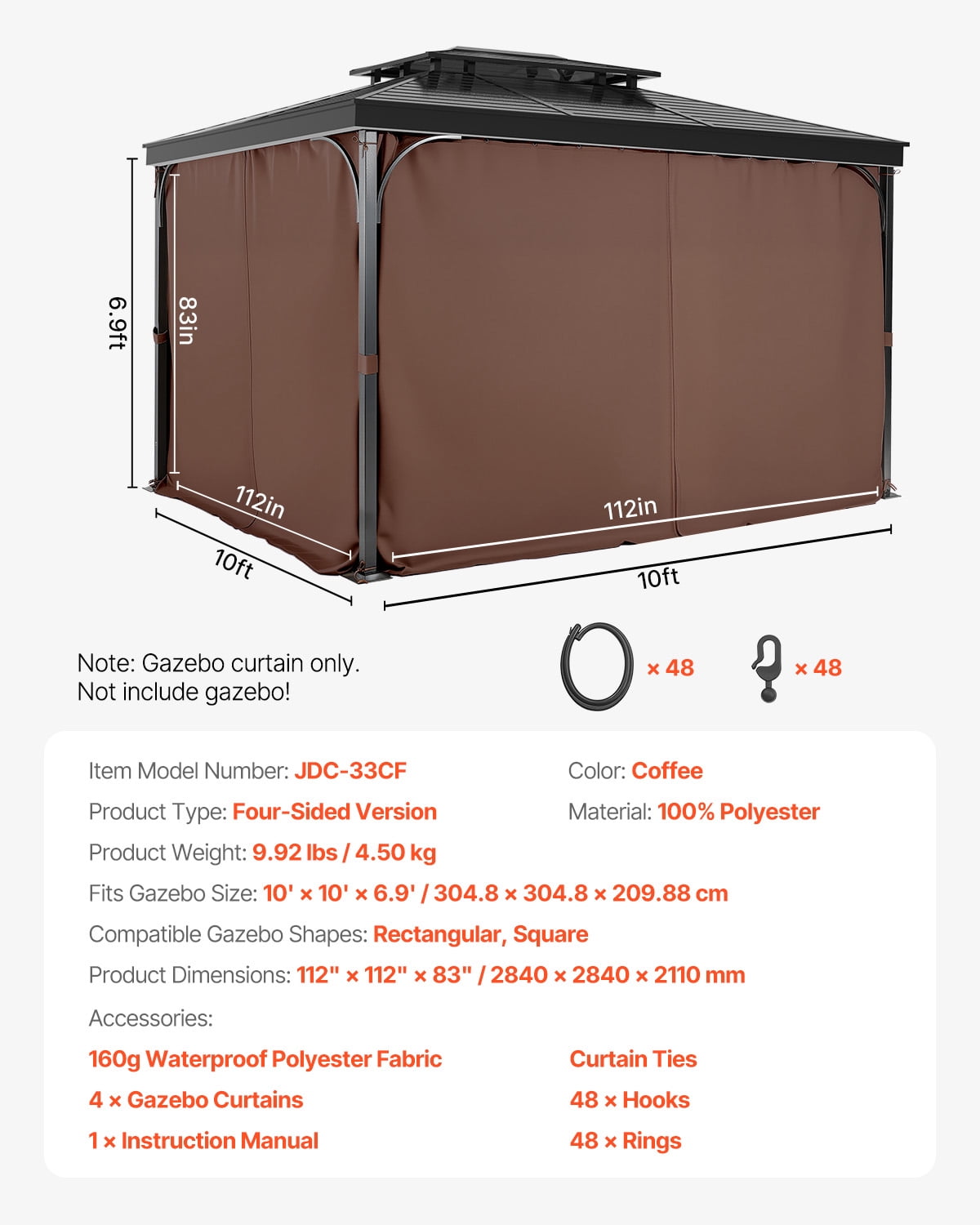 VEVOR Gazebo Curtains Outdoor, Fit Most 10' x 10' x 6.9' Gazebos, 4-Panel Sidewall Gazebo Privacy Curtains with Zippers, Outdoor Curtain Replacement for Patio Canopy, Only Curtain, Coffee