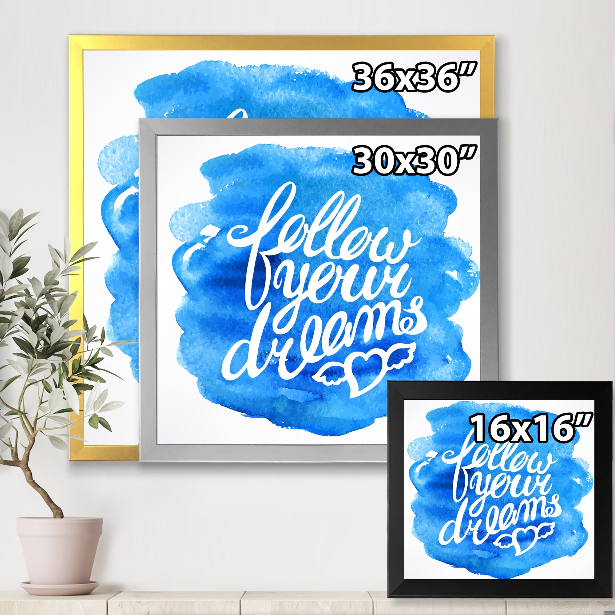 Designart 'Follow Your Dreams On Blue I' Modern Framed Art Print
