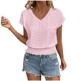 thumbnail image 2 of LEKWK Eyelet Tops for Women V Neck Short Sleeve Casual Summer Shirts Fashion Smocked Waist Solid Crop Top Beach Vacation Going Out Outfits, 2 of 5