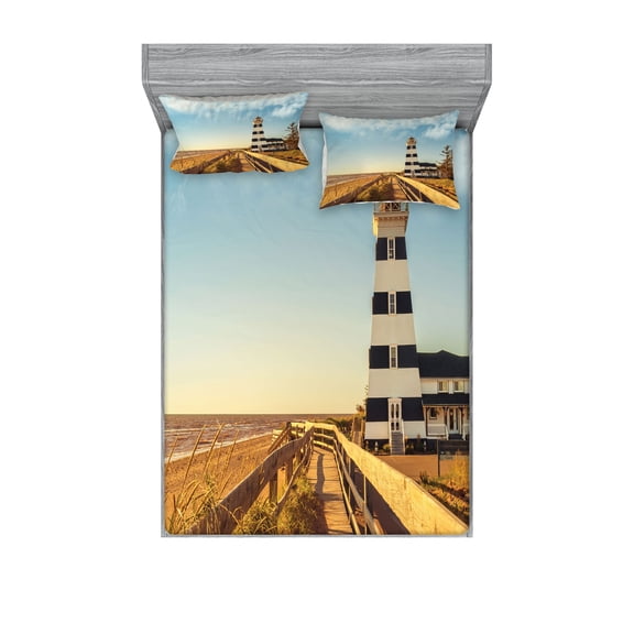 Ambesonne Beach Fitted Sheet & Pillow Sham Set, Lighthouse Sea Waves, Full, Multicolor