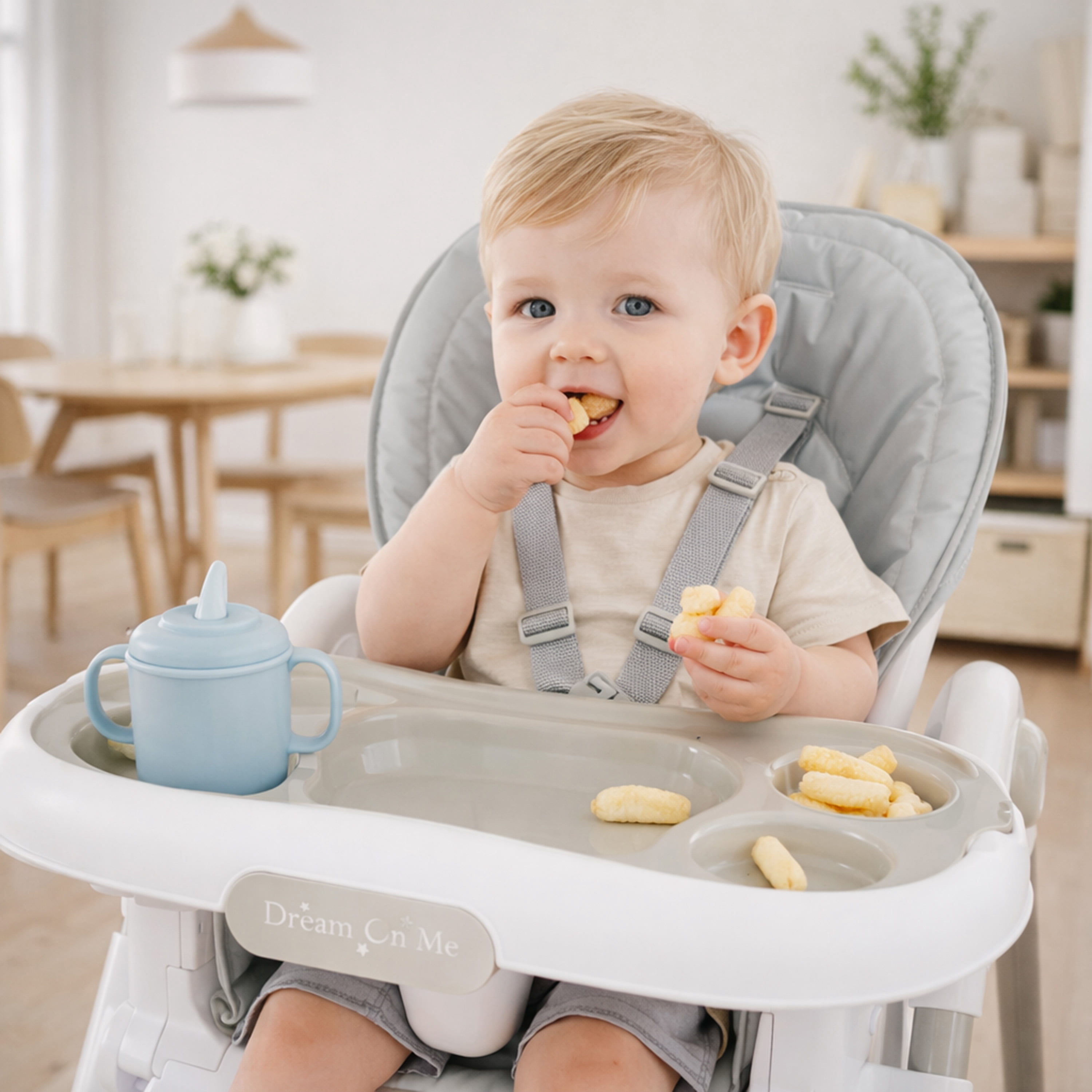Dream On Me Solid Times High chair, Compact & Sleek High Chair, Multiple Recline and Height Positions, Lightweight Portable Highchair, In Gray