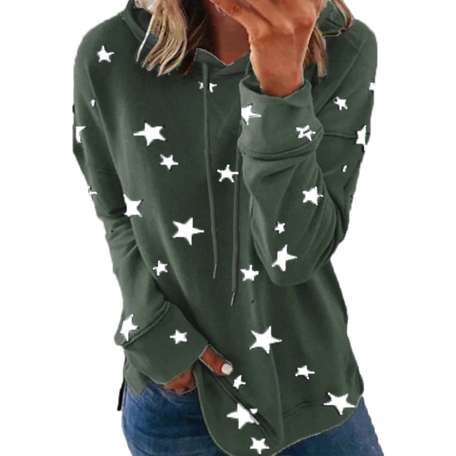 Jsaierl Hauts à Manches Longues pour Femmes, Chandails à Col Rond, chandails en Molleton Tendance avec Motif Étoile, Chandails à Enfiler, Tailles Plus, Blouses Amples et Confortables pour le Travail