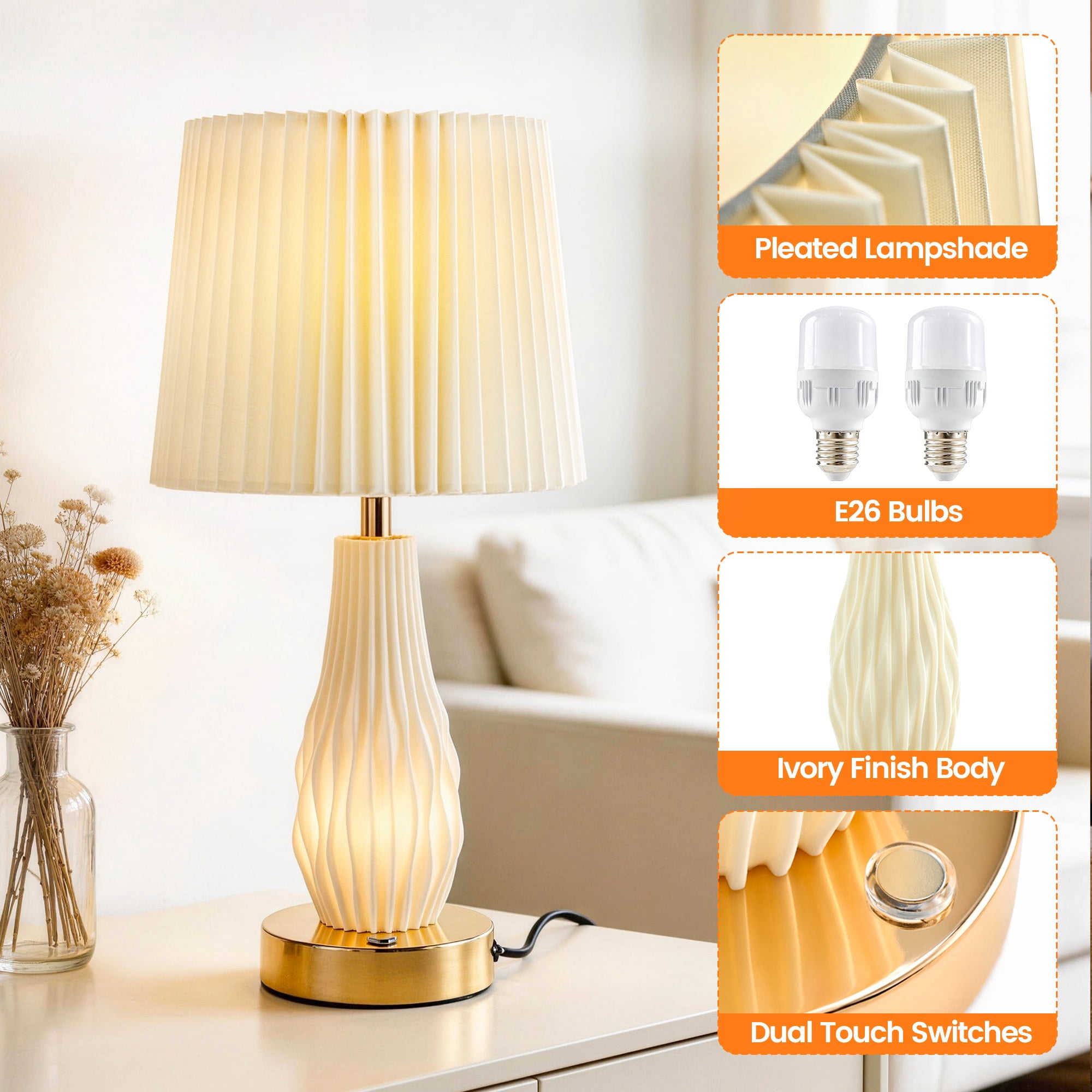 HadinEEon 18.5" Table Lamp Set of 2, Beside Lamp with USB A&C Ports and Night Light, Touch Control 3 Way Dimmable, for Living Room Bedroom Office