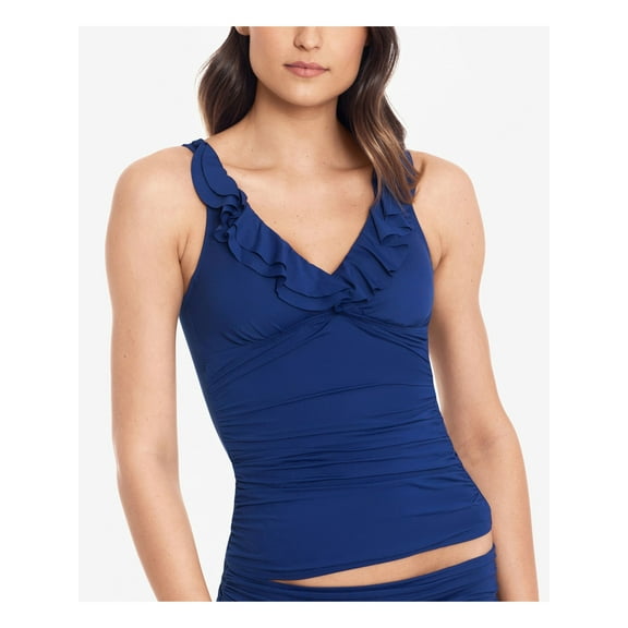 LAUREN RALPH LAUREN Women's Blue Stretch Tummy Control Ruched Lined Deep V Neck Ruffled Underwire Tankini Swimsuit Top 12