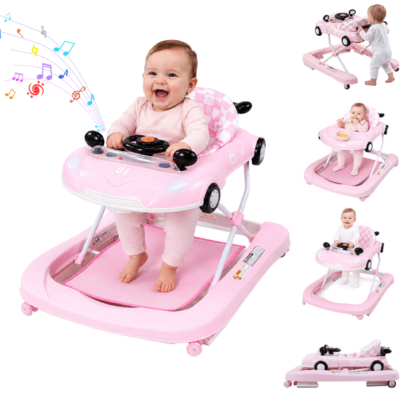 PRVAETU 5 in 1 Baby Walker with Music & Lights,Foldable,6-18 Months,Pink