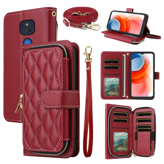 Dswteny Argyle Wallet Case for Moto G Play 2021 with Wrist Strap Shoulder Strap, Zipper Flip Credit Card Holder Stand Cell Phone Cover for Motorola GPlay2021 6.5 XT2093DL XT2093-7 Women Girls Red