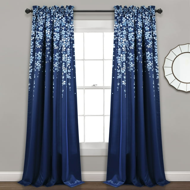 Lush Decor Weeping Flowers Room Darkening Window Panel Curtain Set (Pair), 84" x 52", Navy