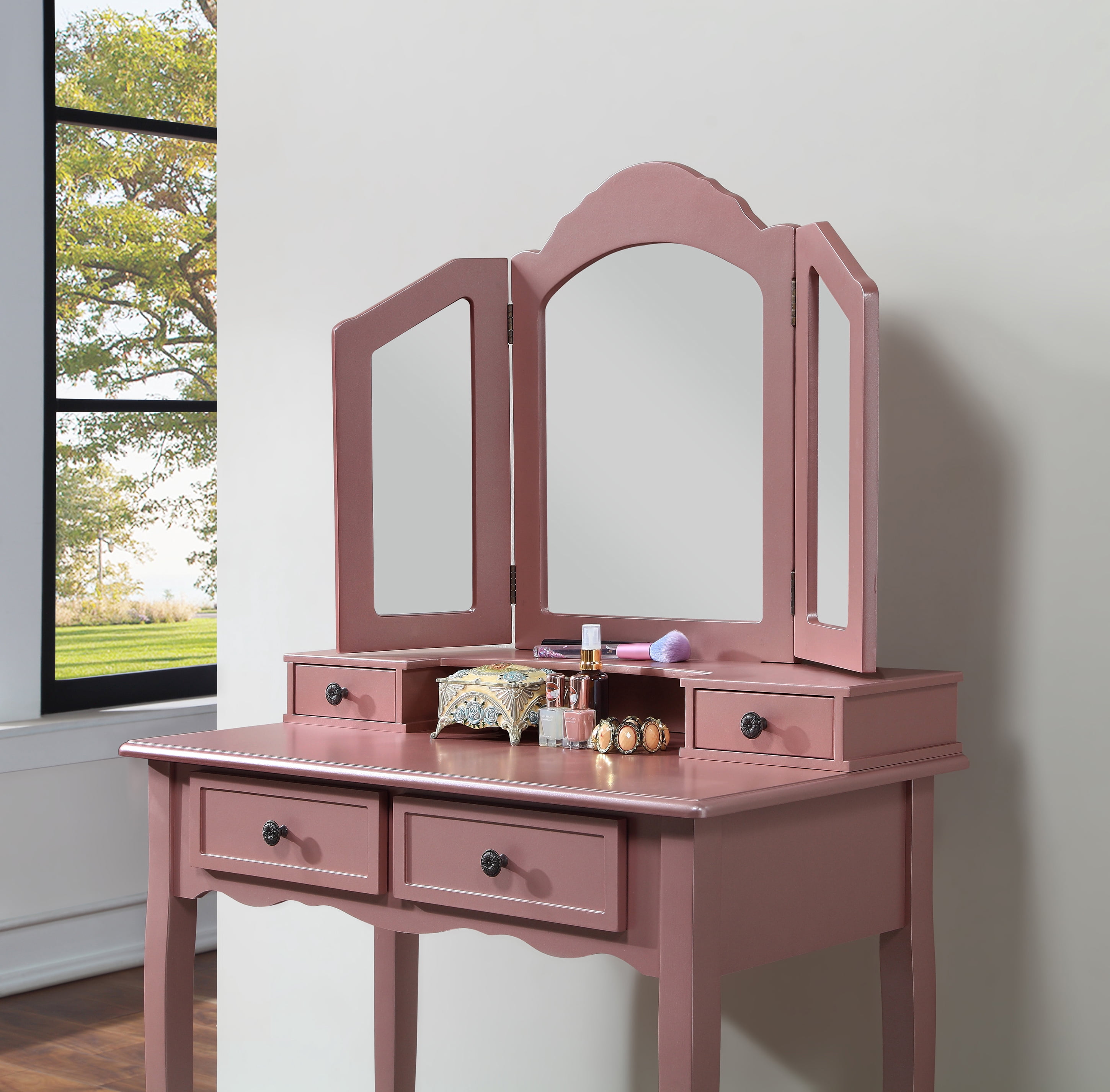Roundhill Furniture Sanlo Contemporary Rose Gold Finish Wooden Vanity, Makeup Table and Stool Set