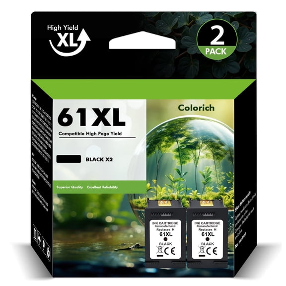 61XL Ink Cartridges Compatible for HP 61 Black Ink Work for Envy 4500 5530 4502 Officejet 4630 4635 Deskjet 1000 1010 1512 Printer (2 Pack)