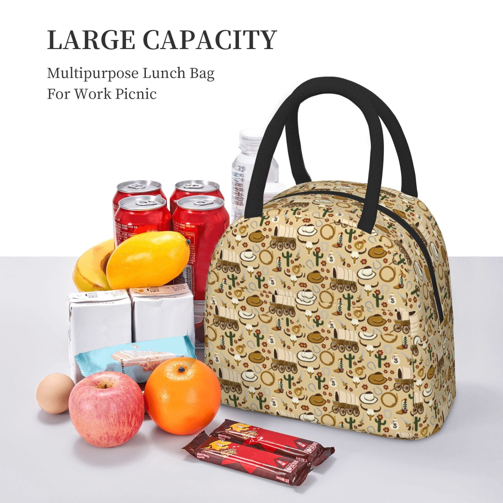 Defioc Wild West Cowboy Print LunchBag for Women and Men - Leakproof Cooler Tote Bag Organizer - Reusable Lunch Box for Office/Picnic/Hiking/Beach