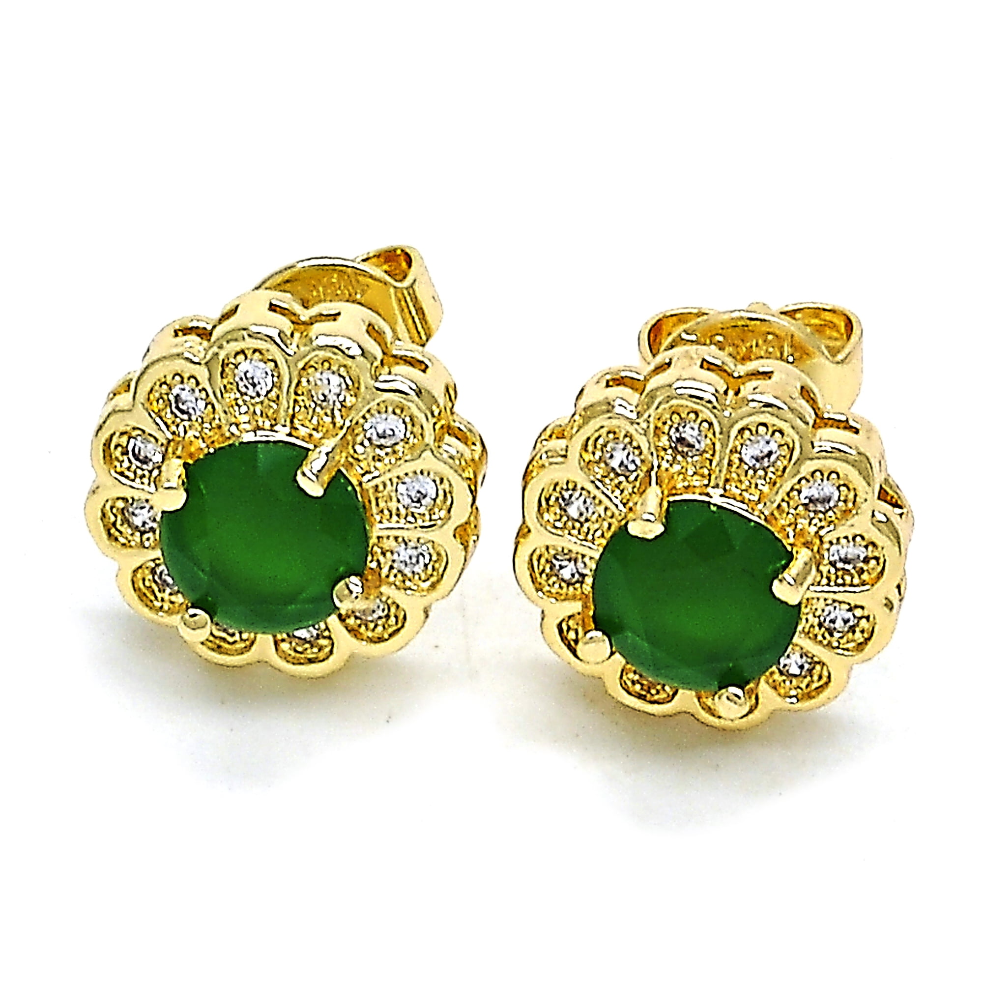 14K Gold Emerald Flower Stud Earring With Micro Pave