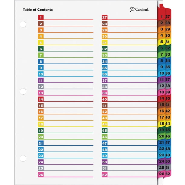 Cardinal One Step Printable Table of Contents Dividers, 52-Tab, 11" x 8  1/2", Multi-Color - Walmart.com