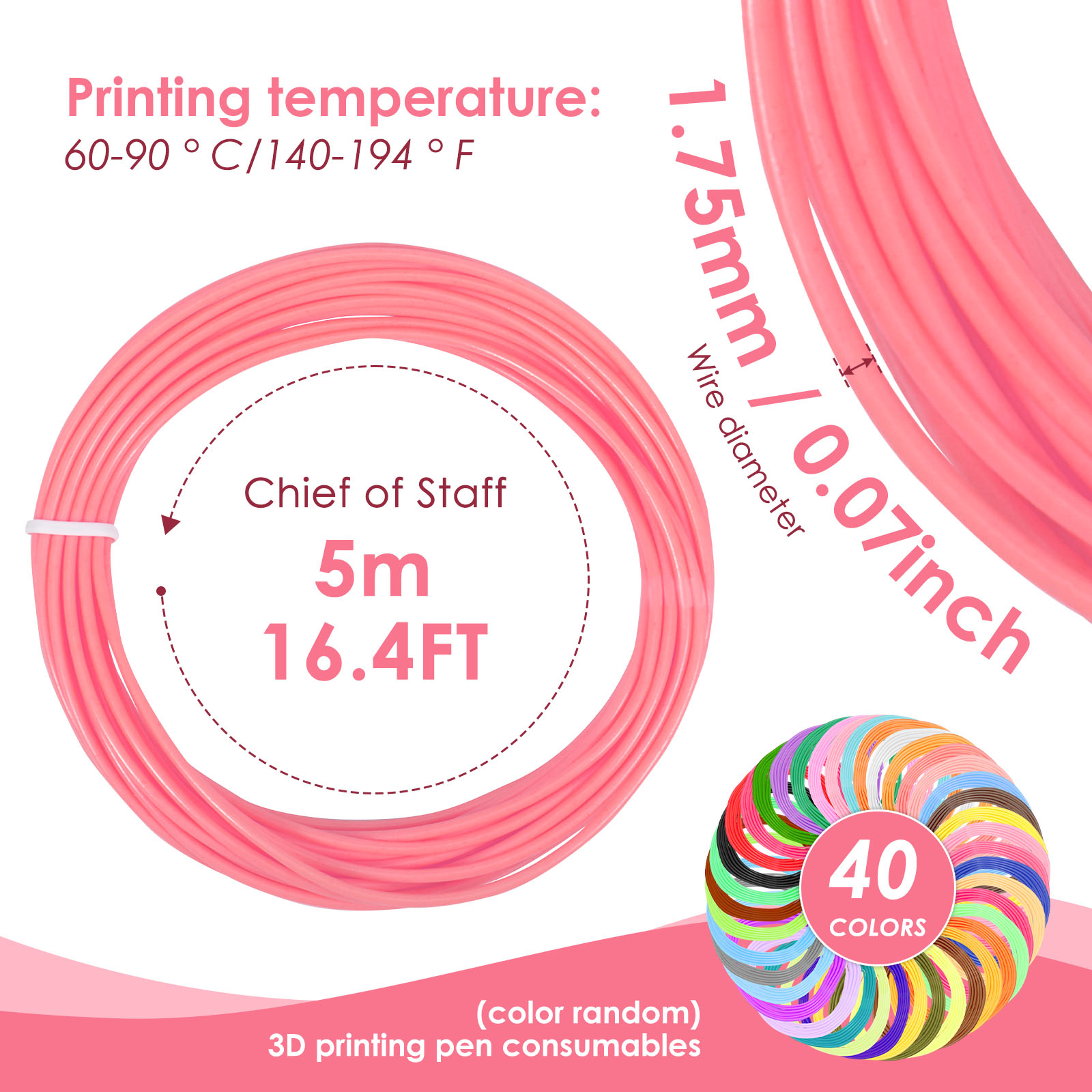 Wakehye Low Temp PCL 3D Pen Filament 1.75mm, 40 Bright Colors Refill Pack 656ft Total Each Color 16.4ft