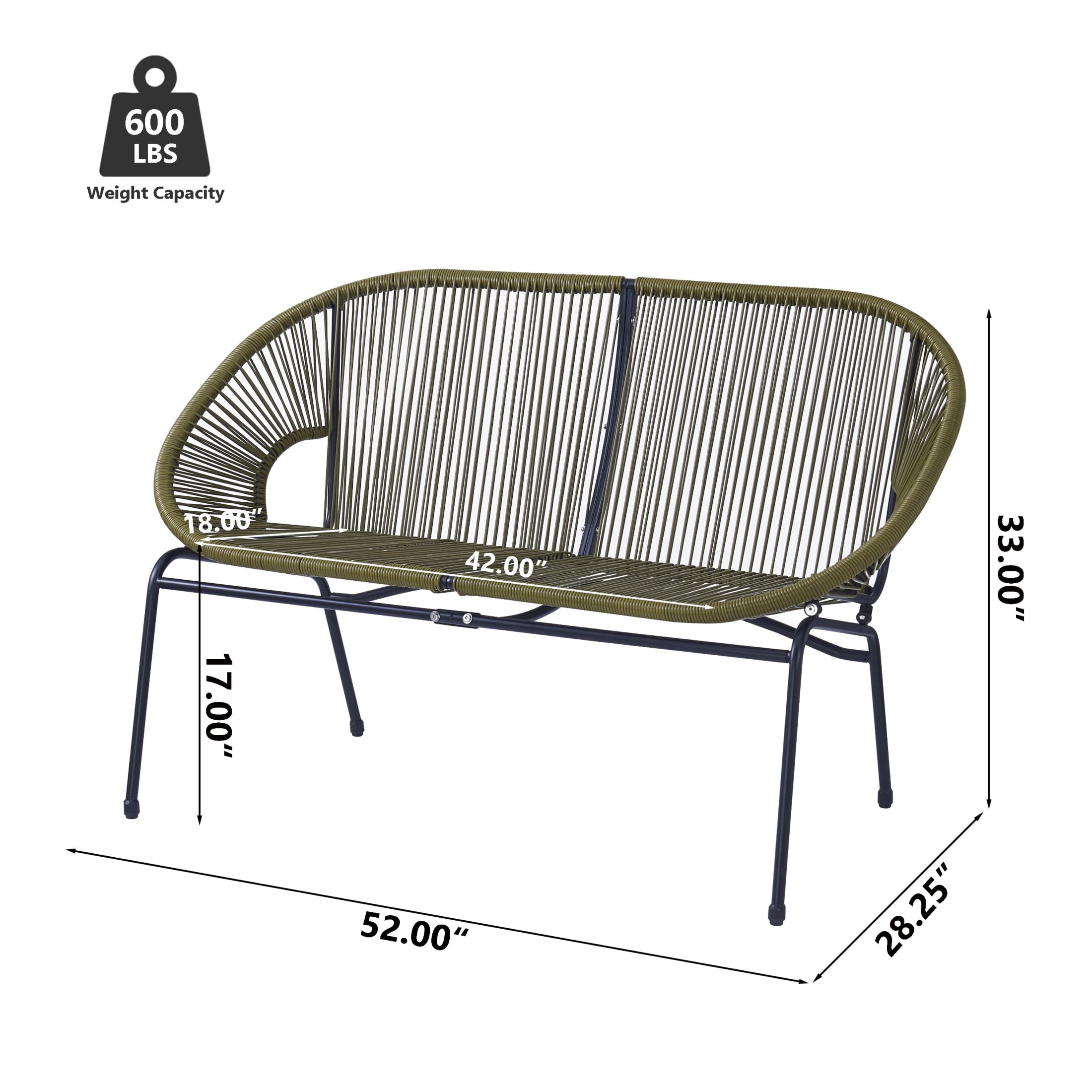 Aspen Modern Outdoor Patio Basket Loveseat, Hammock Weave Design, Metal Frame, Green