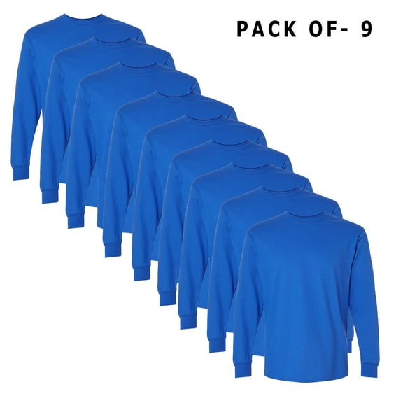 Gildan - Ultra Cotton Long Sleeve T-Shirt | 100% Cotton Tee for Men | Royal | Pack Of 9 | M Size