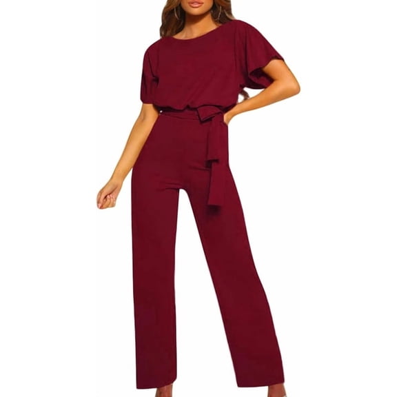 Aricy Women's Summer Elegant One Piece Outfits Jumpsuit Wide Leg Crew Slash Neck Tie Waist Playsuit Ladies Baggy Dungarees High Waisted Wedding Business Party Rompers Vacation Clubwear