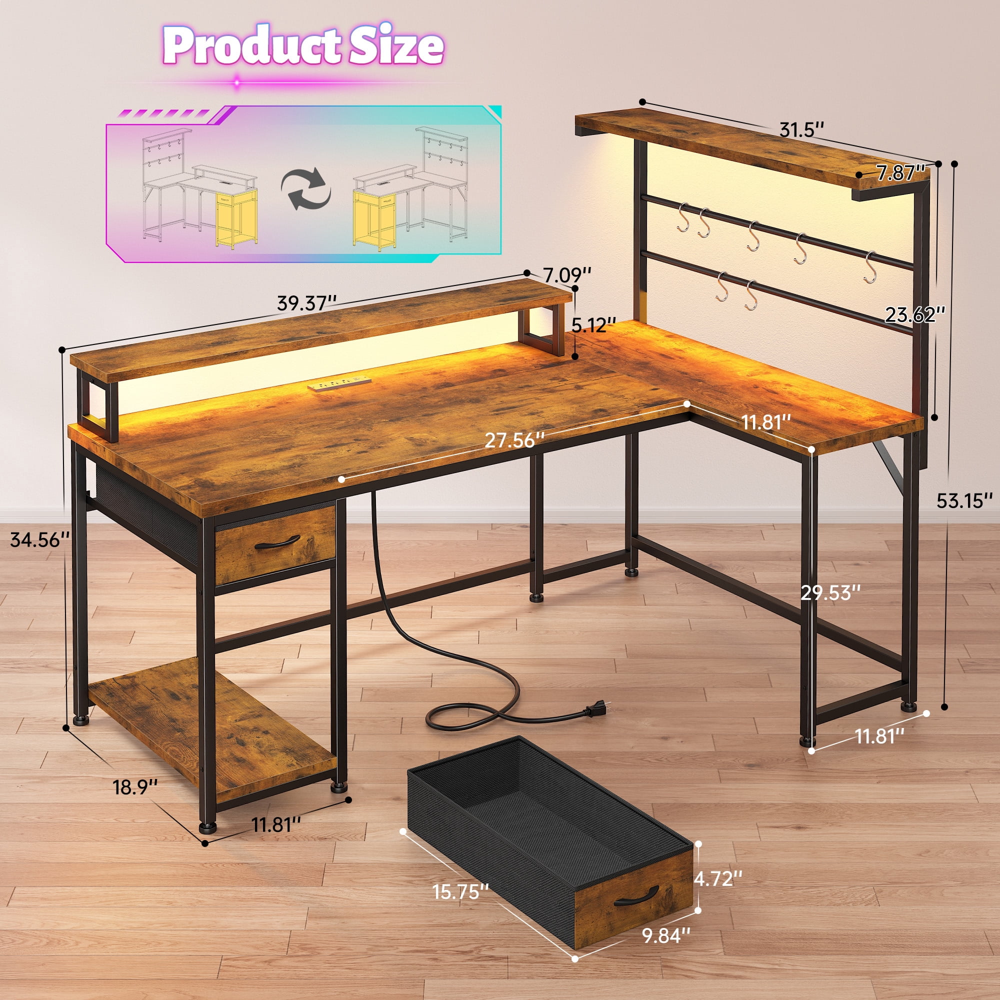 Romorgniz  L Shaped Desk with Drawer, Officce Desk with Storage Shelves & LED Lights for Home Office, Rustic Brown