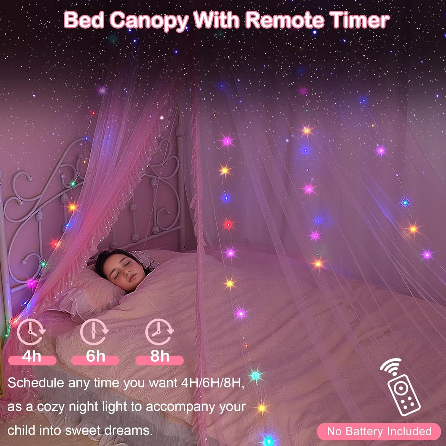 Bed Canopy for Girls with Remote Timer Breathable Canopy Bed Curtains with 8 Modes LED Lights Net Canopy for Bed for Girls Room Decor,Pink