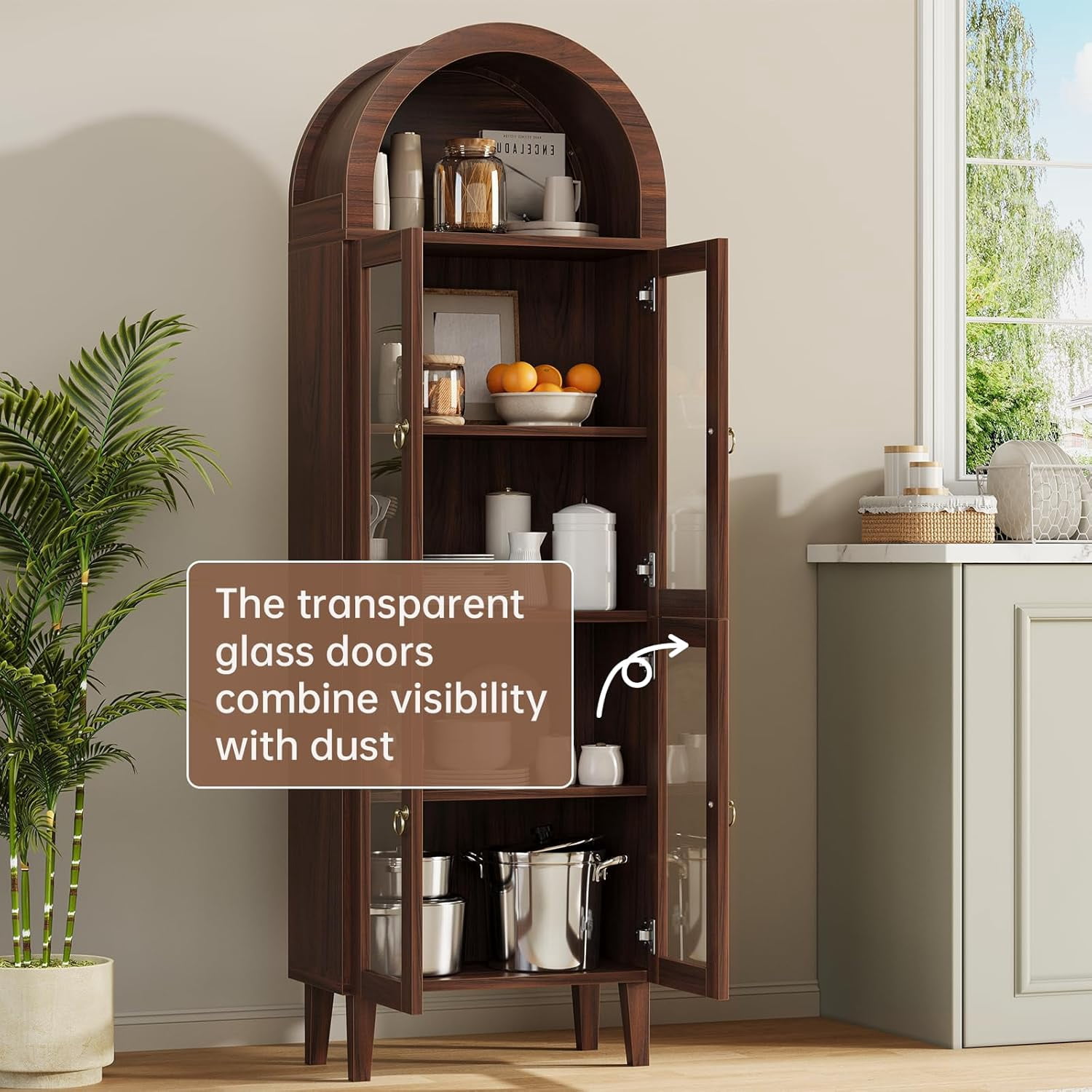 71" Tall Arched Cabinet with Acrylic Glass Door, Modern Curio Arched Bookcase, Display Cabinet Organizer, Kitchen Pantry with Top-Opening Storage Container for Living Dining Room, Brown