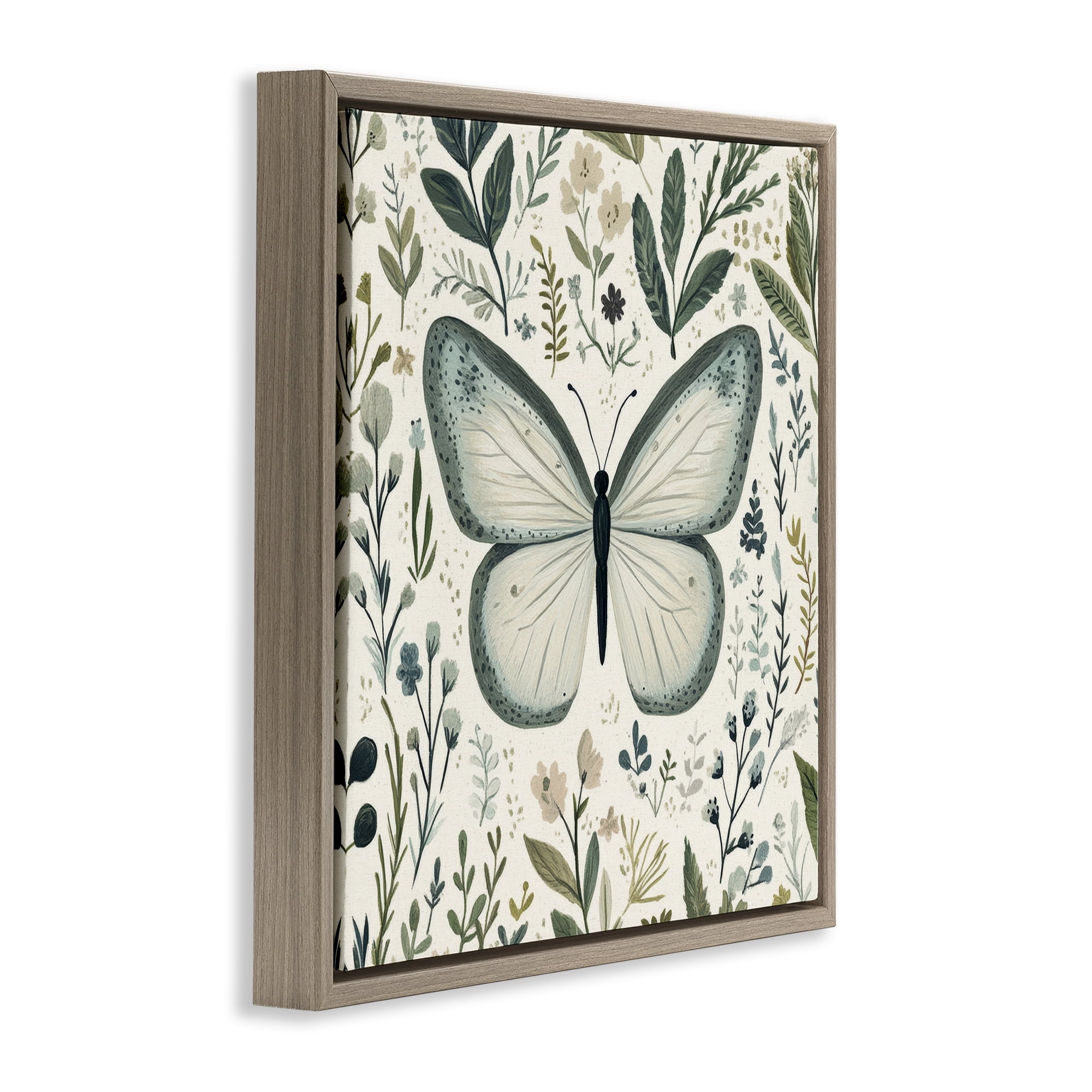 Stupell Industries Dusty Blue Butterfly Botanicals Brown Framed Floater Canvas Wall Art, design by Petal Prints Design