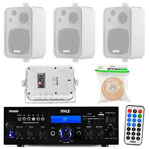 Pyleaudiobundle Pyle Pda6Bu 200-Watt 2-Channel Digital Usb/Aux Fm Radio Stereo Amplifier Receiver, Bundle Combo With 4X Enrock Ekmr408W 4" Inch 200-Watt 3-Way White Box Speakers, 50 Feet 18-Gauge Spe