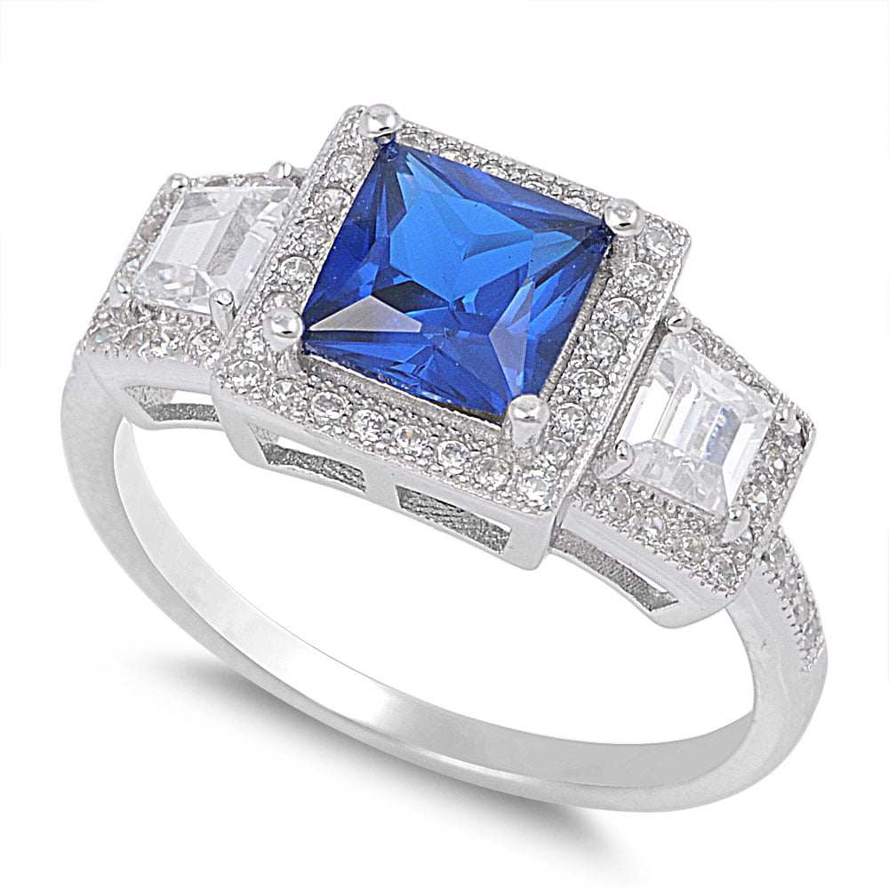 All in Stock - Three Halo Princess Cut Center Simulated Sapphire Cubic ...