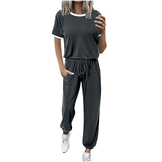 Yuyuzo Womens Workout Sets 2 Piece Sweatsuits Short Sleeve T Shirts Drawstring Running Pants with Pockets