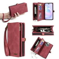 for iPhone 14 Pro Max Wallet Case, Durable PU Leather 2-in-1 Detachable Magnetic Flip Phone Case for iPhone 14 Pro Max Case Wallet with Card Holder Slots Zipper Pouch for Women Men,Red