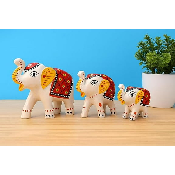 AVOKA Paper Mache Handcrafted Set of 3 Elephant Action Showpiece Idols for Home Decor and Gift Purpose(White)