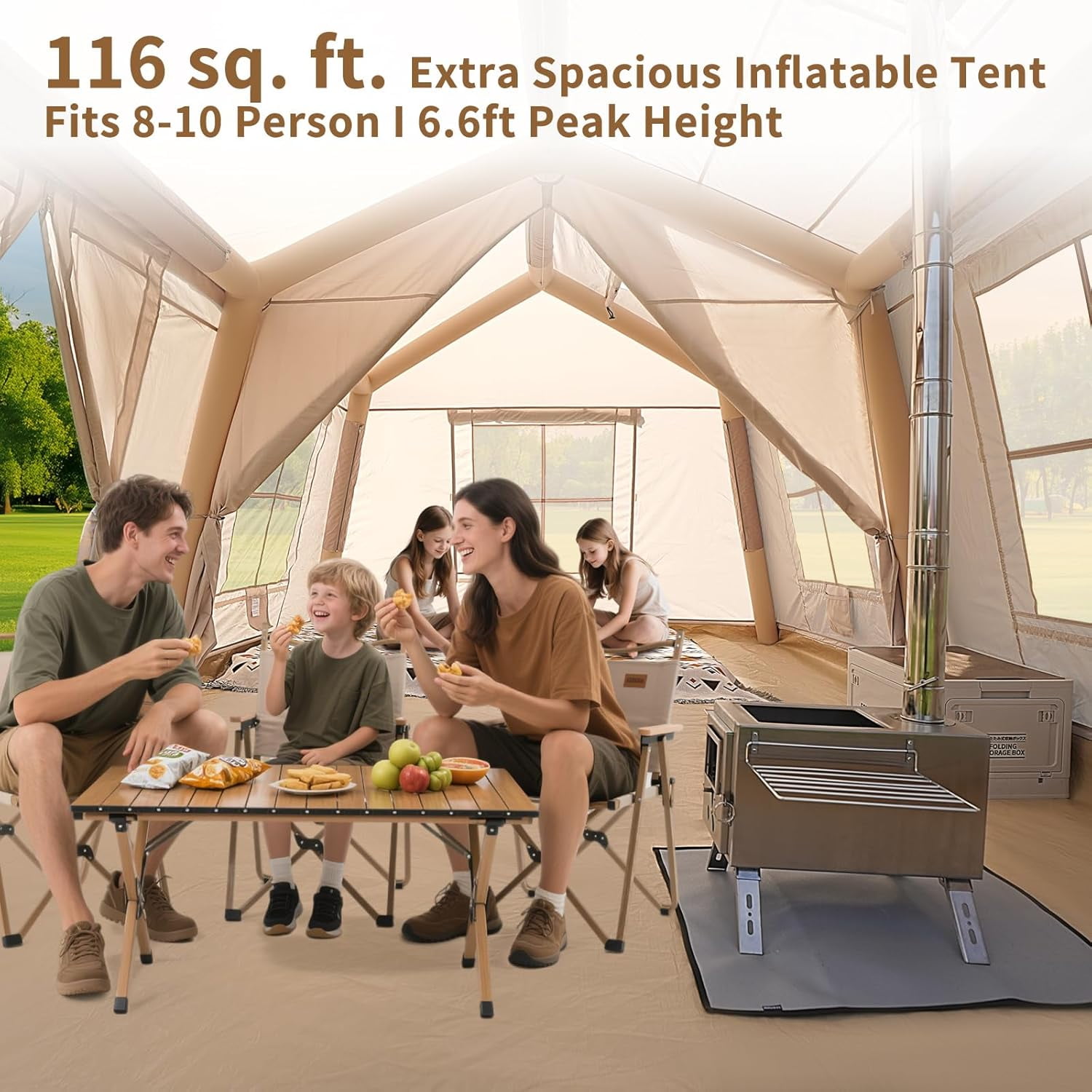 Zikebtuy 2/6/8 Person Inflatable Camping Tent, Easy Setup Blow Up Air Tent with Hand Pump, Waterproof 4-Season Glamping Tent with Large Mesh Windows & Oversized Canopy for Couples, Group & Family