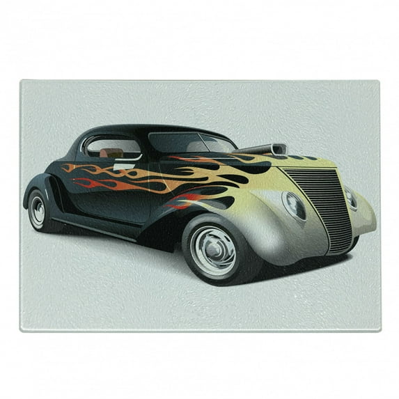 Vintage Cutting Board, Retro 40s Drag Car with Ombre Print Art, Decorative Tempered Glass Cutting and Serving Board, Small Size, Grey Orange, by Ambesonne