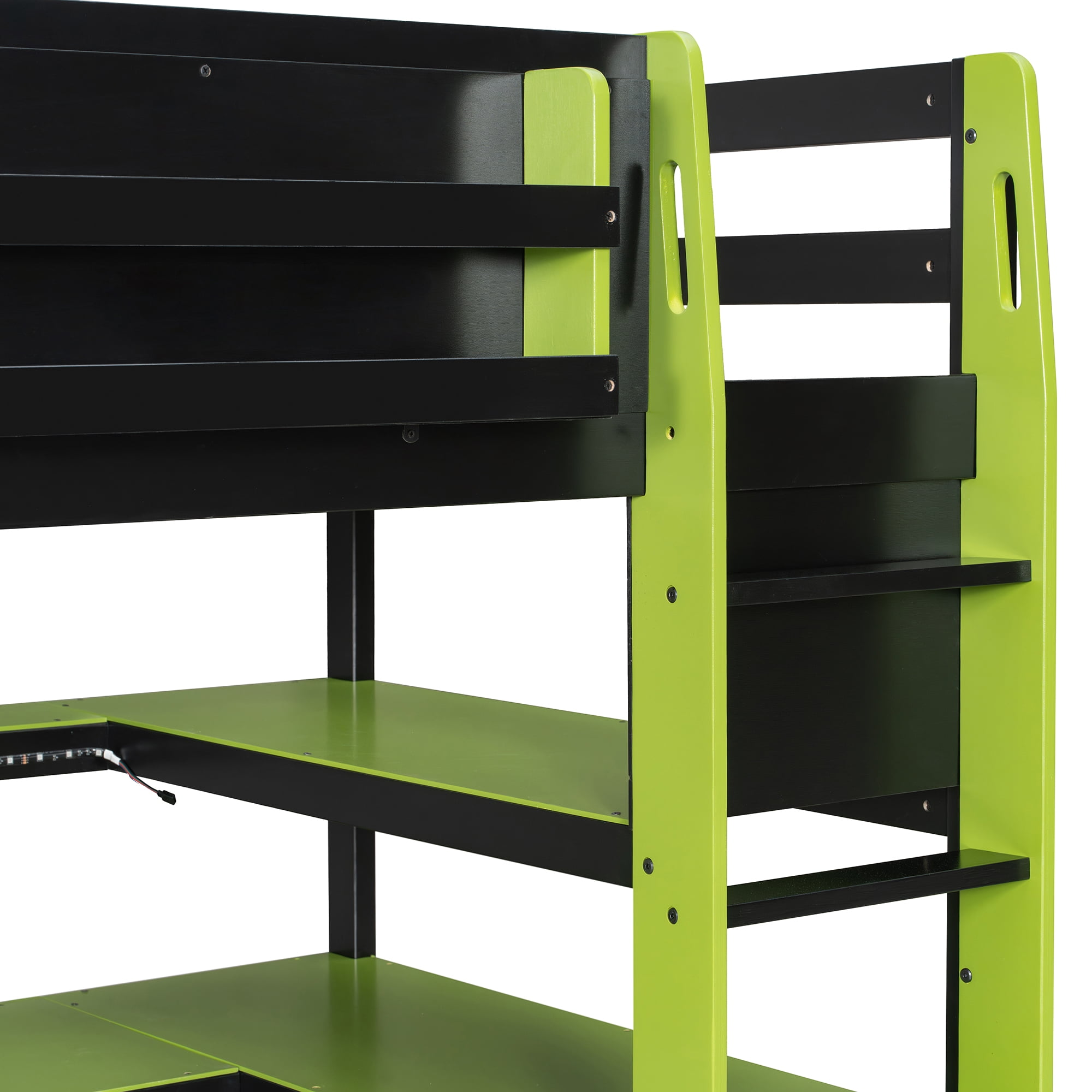 Mintazer Twin Size Gaming Loft Bed with U-Shaped Desk & LED Lights, Modern Bed Frame with Shelves & Charging Station for Dorm Bedroom Apartment, Black & Green