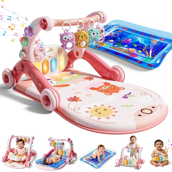 WonderStone 6-in-1 Baby Gym Play Mat, Activity Center Walker with Water Mat, 5 Infant Toys & Portable Musical Piano Panel for Babies 0–12 Months, Pink