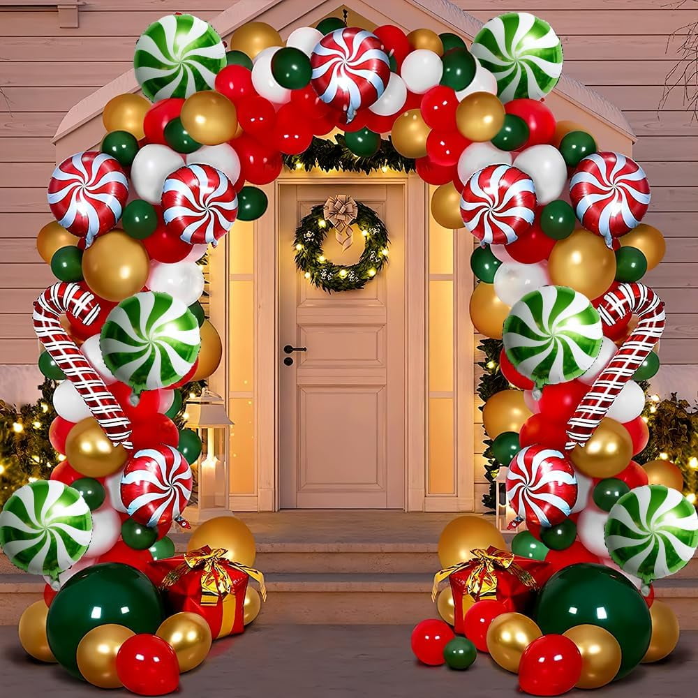 Red Green White Christmas Balloon Garland Arch Kit, Gingerbread Holiday Balloon Arch Kit Xmas Christmas Decorations Balloons Holiday Party Garland Balloons Background Candy Cane Balloon Arch Sets