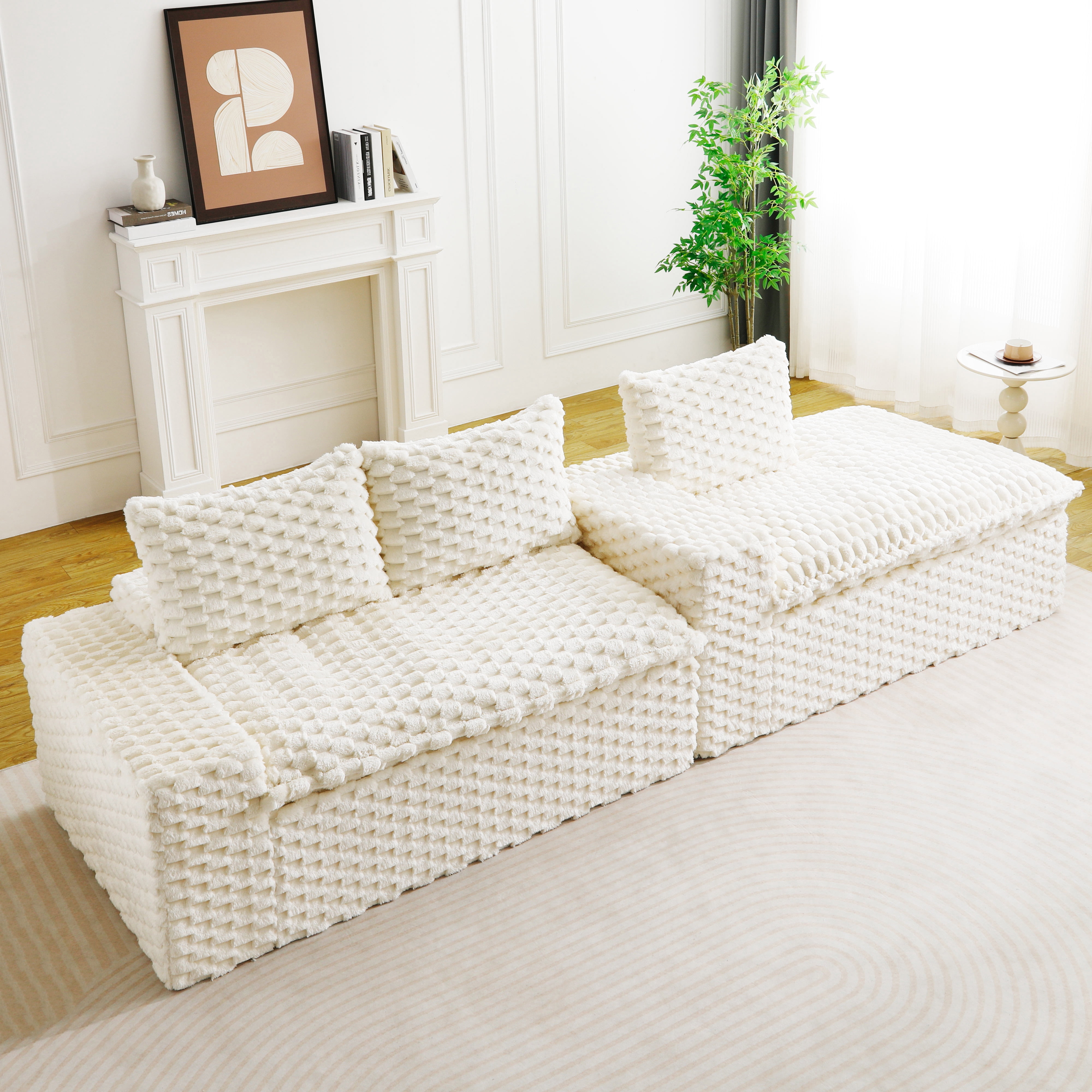 HOQBN 96"W Modular Sectional Sofa,L Shape Modern Corduroy Cloud Couch,Upholstered Deep Seat Boneless Sofa Couch with Right Chaise Lounge for Living Rooms,No Assembly Required,White