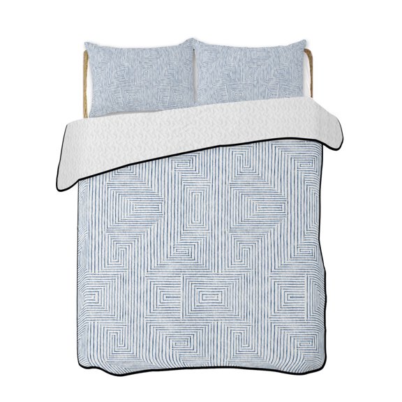 Quilts Queen Size Bedding Set, Blue Geometric Reversible Summer Quilt 3 Pieces, Aesthetics Luxury Abstract Art Lightweight Bedspreads Coverlets with 2 Pillow Shams for All Seasons