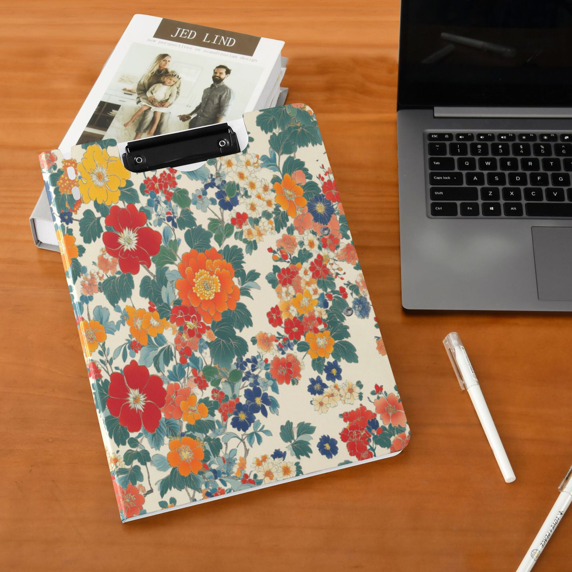 FORMRS A4 Clipboard Folder with Pen Holder Horizontal Foldable School Office Binder, Orange Japanese Flowers Pattern