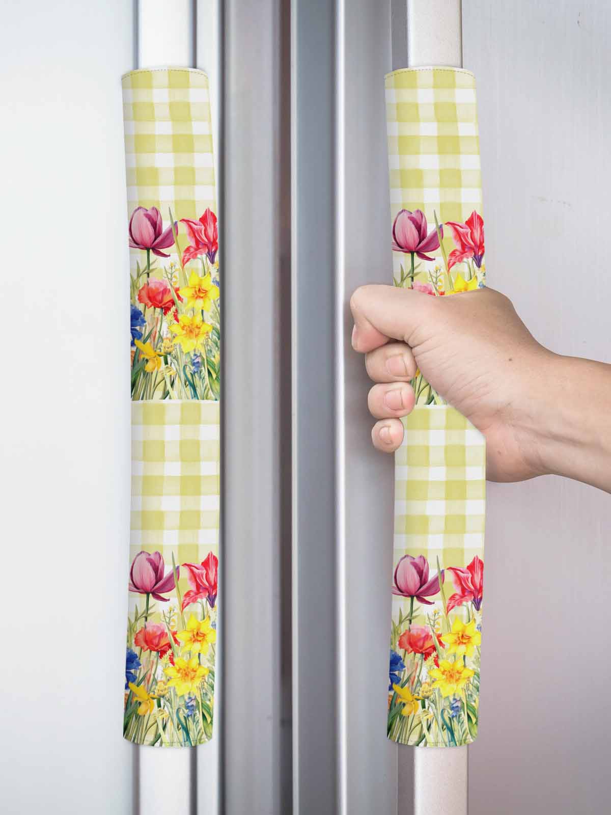 Yellow Plaid Tulip Refrigerator Door Handle Covers Set of 2, Spring Floral Watercolor Botanical Kitchen Fridge Microwave Oven Dishwasher Stove Cabinet Handle Protectors, Washable Appliance Decor