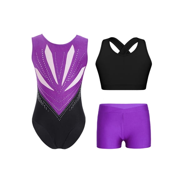 Haitryli Kids Girls Dance Gymnastics Outfit Competition Stage Show Dancewear Breathable Color Block Purple 14