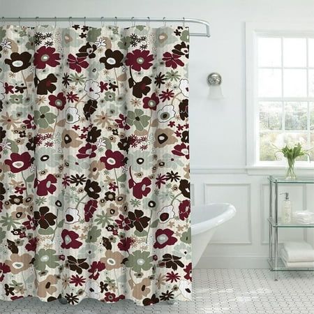 Oxford Weave Sage Burdy Fl Fabric Shower Curtain W Metal Roller Hooks