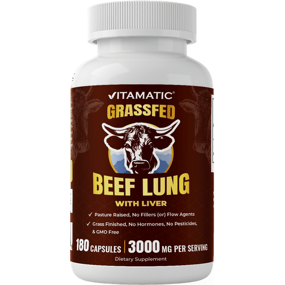 Vitamatic Grass-Fed Beef Lung with Liver 180 Capsules – Freeze-Dried, Non-GMO, Bovine Liver Supplement – Pasture-Raised, Glandular-Based Formula (180 Capsules, Lung)