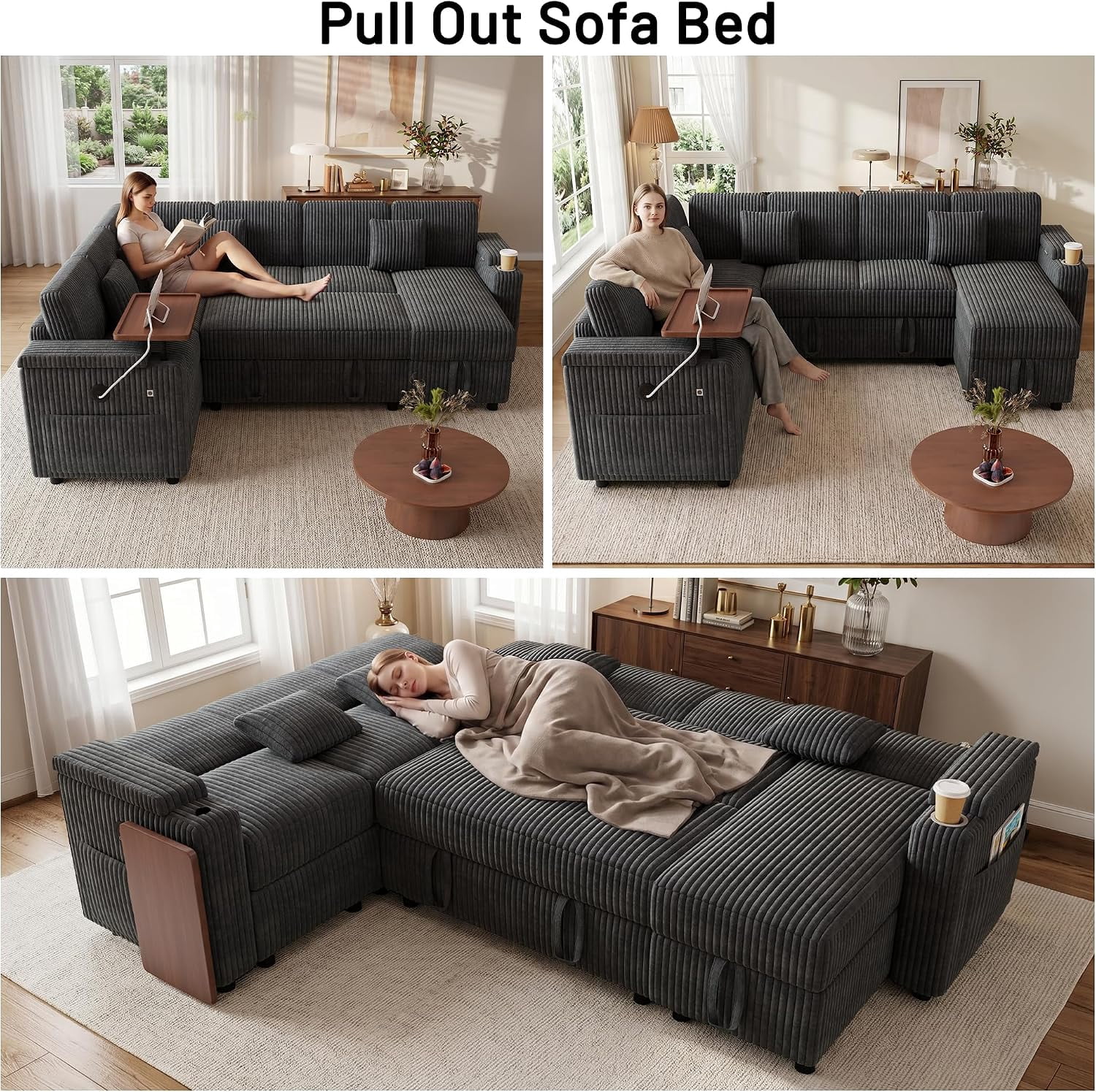 100 Inch U Shaped Pull Out Sofa Bed, Soft Corduroy Sleeper Sofa with USB Ports, Cup Holder, Table Board and Storage