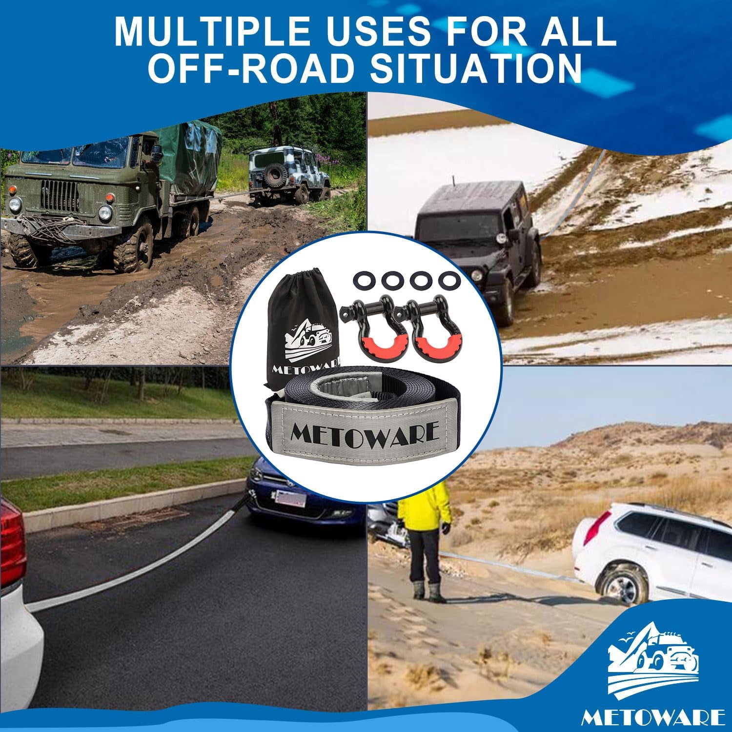Heavy Duty 3" X 30ft Tow Strap With Loops & D-Rings - 26,455 Lb Break Strength For Recovery 2 thumbnail image