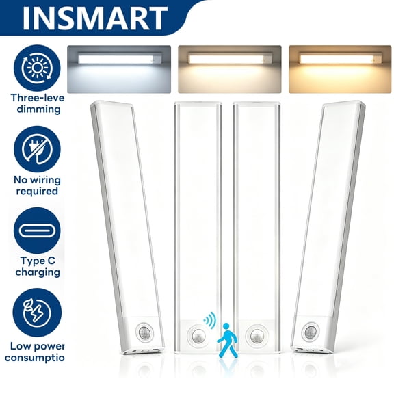 INSMART 4-Pack Under Cabinet Lights with 40 LED, USB Rechargeable Motion Sensor Closet Lighting for Kitchen Wardrobe, 3-Speed Dimming, No Wiring, Magnetic Strip (7.9in)