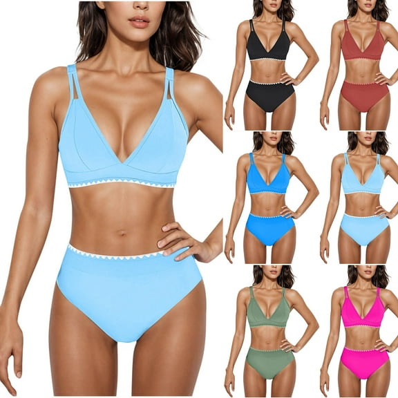 New summer arrivals UTSJKR Women's Bikini Sets V Neck Double Straps High Waisted Swimsuits Shell Stitched Cheeky Two Piece Bathing Suit Coffee L